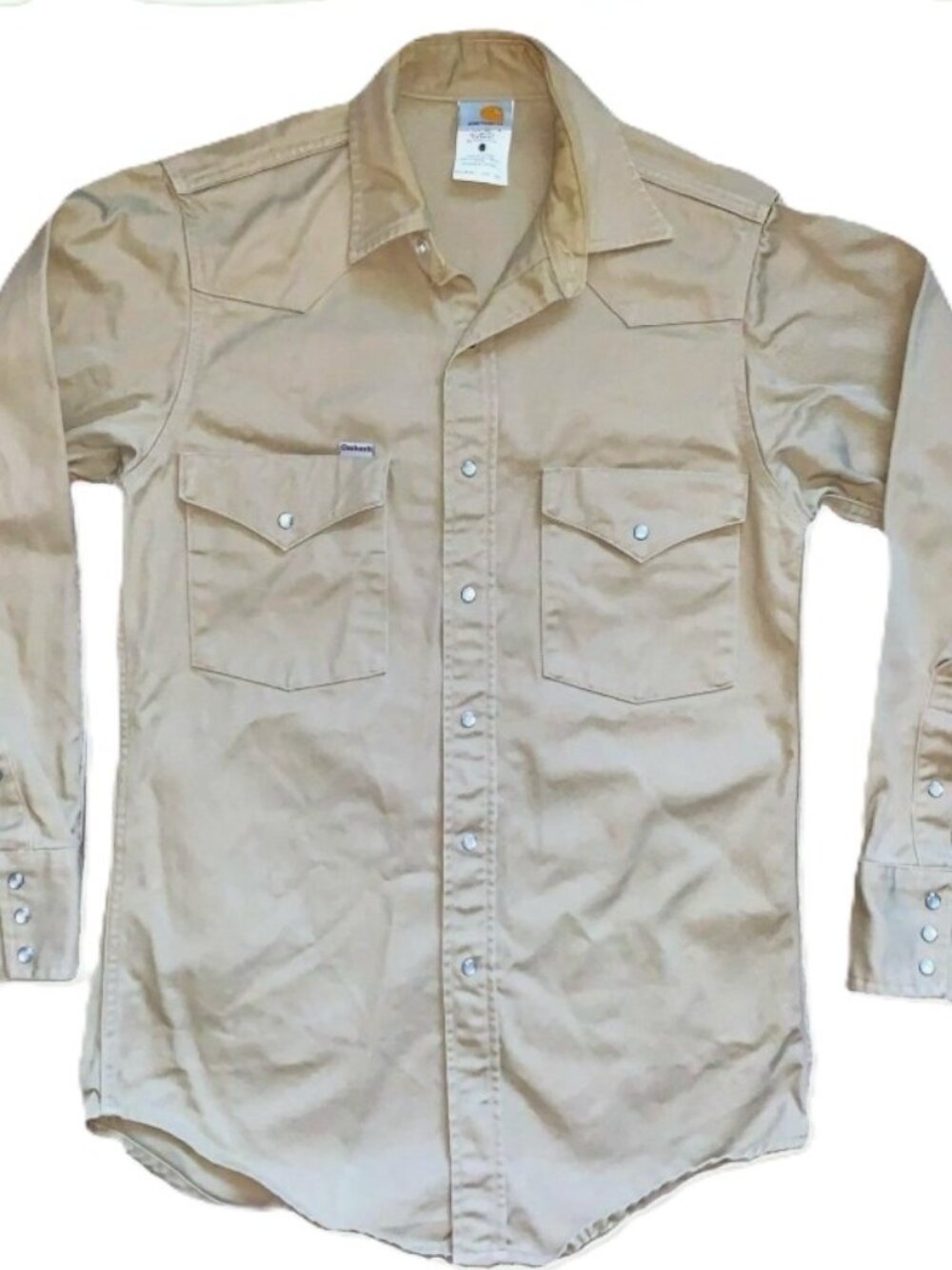 Carhartt Western Wear 155/33 (Lg) Shirt Pearl Snap LS Tan Vintage 2001 Read